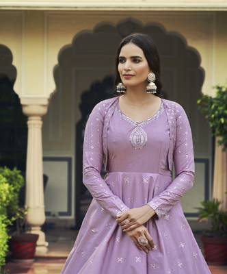 LIGHT PURPLE THREAD AND SEQUINCE EMBROIDERED WORK COTTON ANARKALI LONG GOWN SEMI STITCHED 4