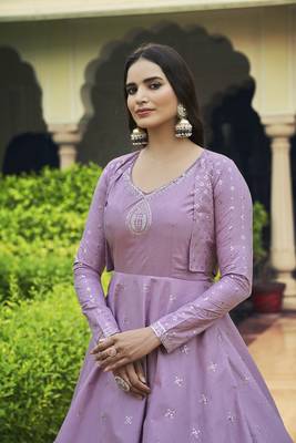 LIGHT PURPLE THREAD AND SEQUINCE EMBROIDERED WORK COTTON ANARKALI LONG GOWN SEMI STITCHED 5