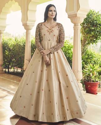 BEIGE THREAD AND SEQUINCE EMBROIDERED WORK COTTON ANARKALI LONG GOWN SEMI STITCHED 1
