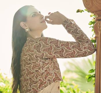 BEIGE THREAD AND SEQUINCE EMBROIDERED WORK COTTON ANARKALI LONG GOWN SEMI STITCHED 3