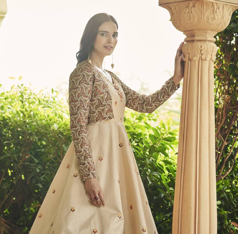 BEIGE THREAD AND SEQUINCE EMBROIDERED WORK COTTON ANARKALI LONG GOWN SEMI STITCHED