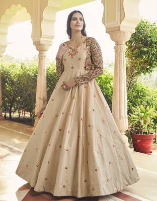 BEIGE THREAD AND SEQUINCE EMBROIDERED WORK COTTON ANARKALI LONG GOWN SEMI STITCHED 5