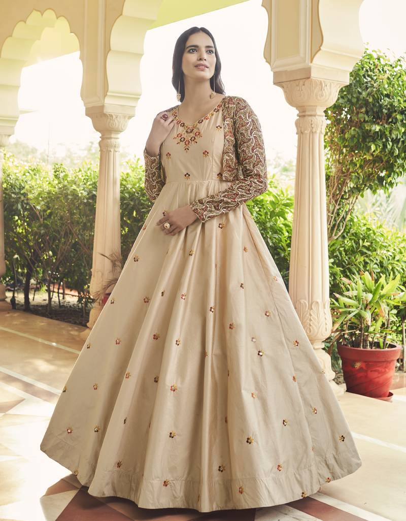 BEIGE THREAD AND SEQUINCE EMBROIDERED WORK COTTON ANARKALI LONG GOWN SEMI STITCHED