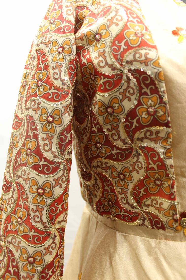 BEIGE THREAD AND SEQUINCE EMBROIDERED WORK COTTON ANARKALI LONG GOWN SEMI STITCHED