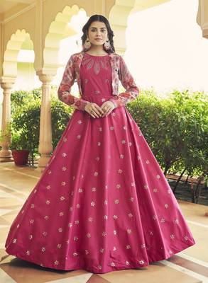 RANI PINK THREAD AND SEQUINCE EMBROIDERED WORK COTTON ANARKALI LONG GOWN SEMI STITCHED 1