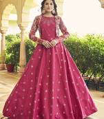 RANI PINK THREAD AND SEQUINCE EMBROIDERED WORK COTTON ANARKALI LONG GOWN SEMI STITCHED