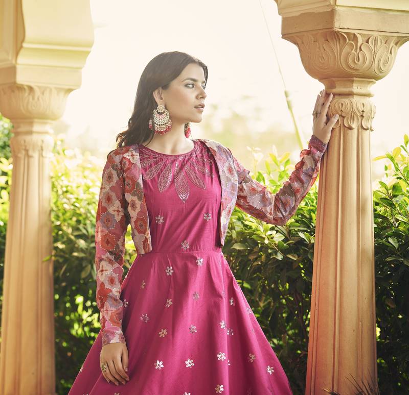 RANI PINK THREAD AND SEQUINCE EMBROIDERED WORK COTTON ANARKALI LONG GOWN SEMI STITCHED