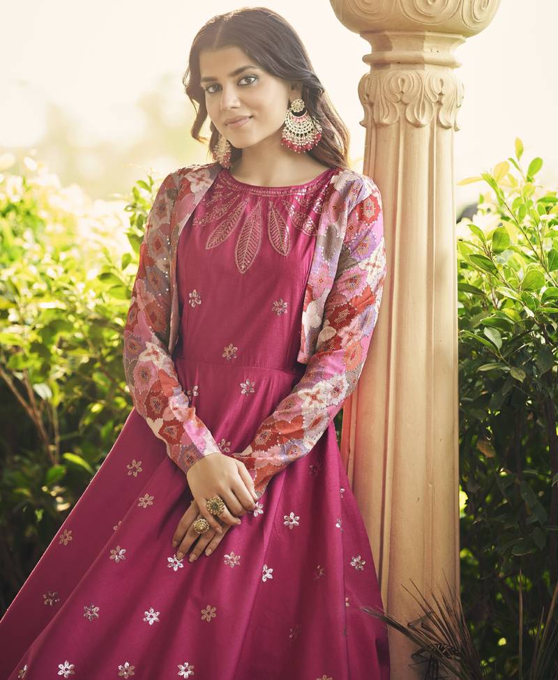 RANI PINK THREAD AND SEQUINCE EMBROIDERED WORK COTTON ANARKALI LONG GOWN SEMI STITCHED