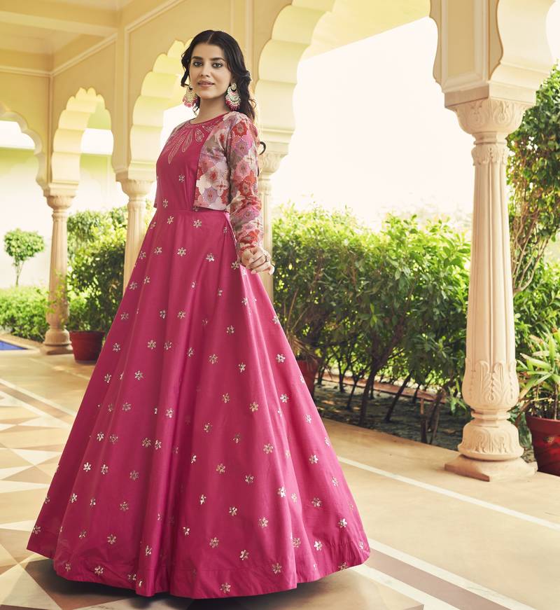 RANI PINK THREAD AND SEQUINCE EMBROIDERED WORK COTTON ANARKALI LONG GOWN SEMI STITCHED