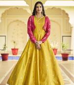 YELLOW THREAD AND SEQUINCE EMBROIDERED WORK COTTON ANARKALI LONG GOWN SEMI STITCHED