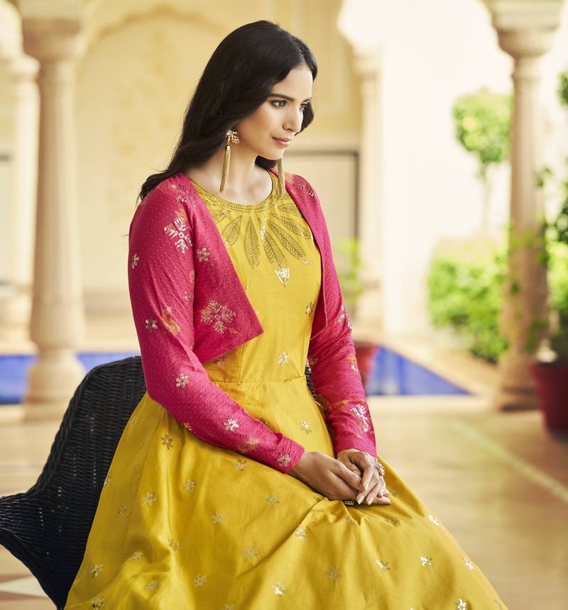 YELLOW THREAD AND SEQUINCE EMBROIDERED WORK COTTON ANARKALI LONG GOWN SEMI STITCHED