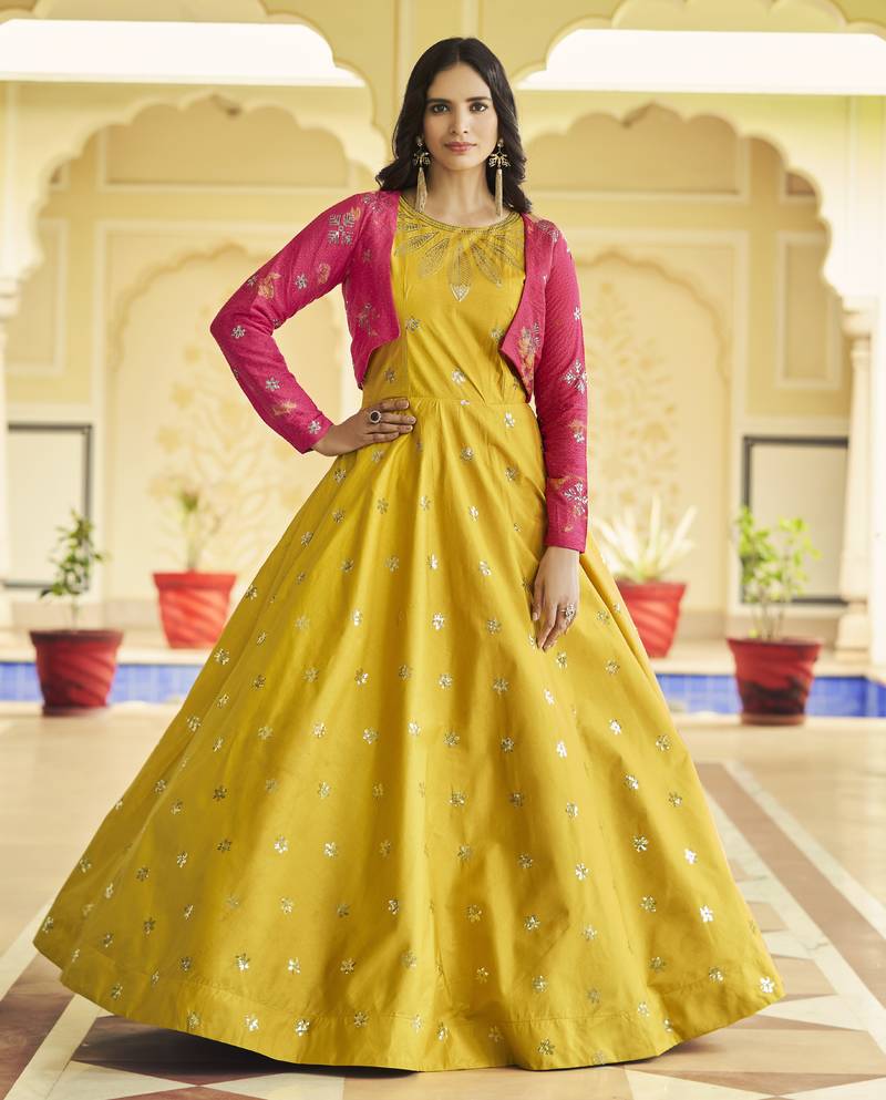 YELLOW THREAD AND SEQUINCE EMBROIDERED WORK COTTON ANARKALI LONG GOWN SEMI STITCHED