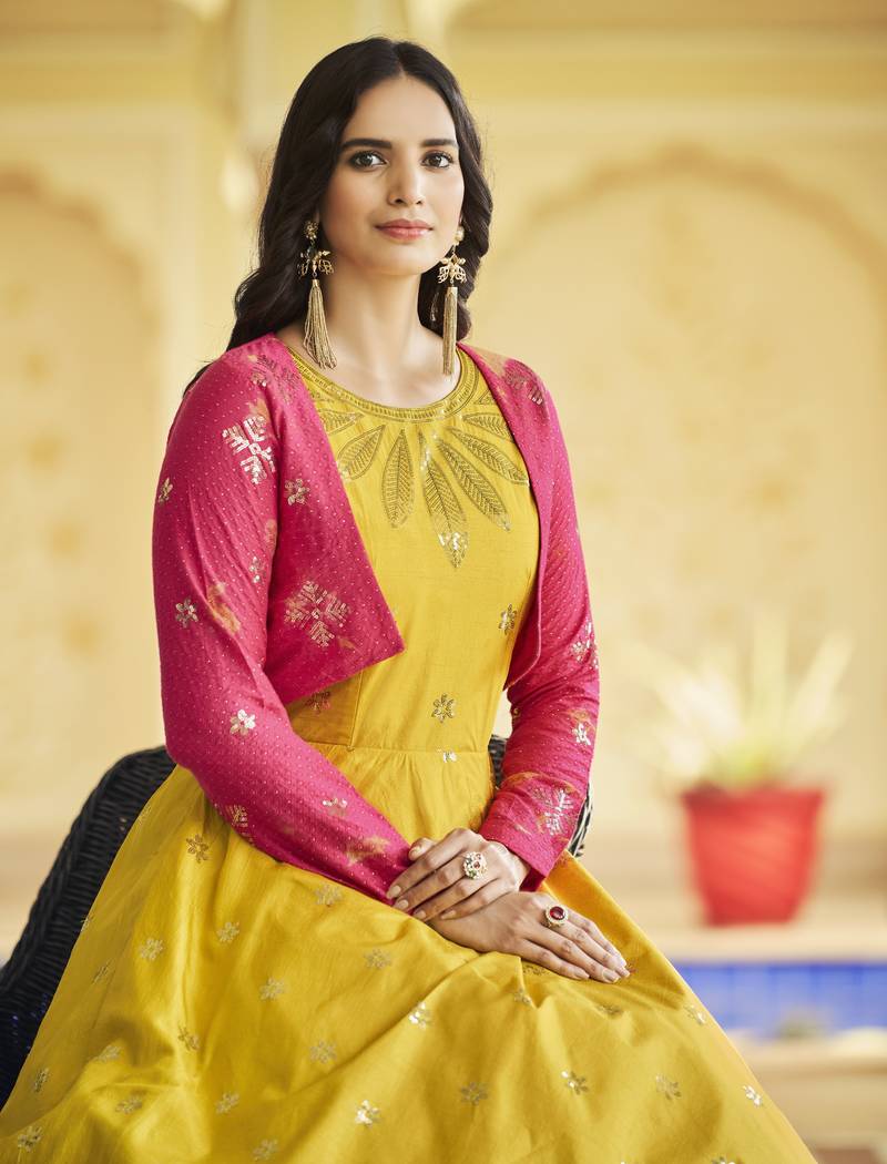 YELLOW THREAD AND SEQUINCE EMBROIDERED WORK COTTON ANARKALI LONG GOWN SEMI STITCHED