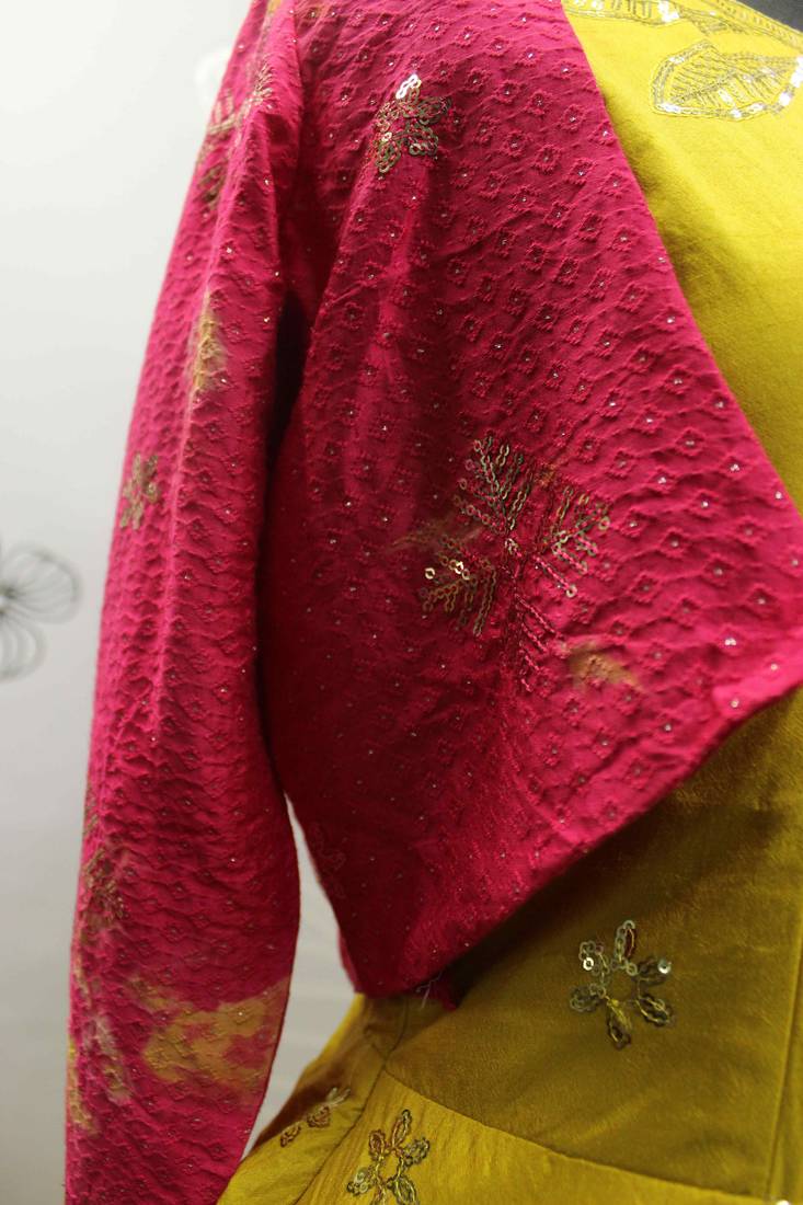 YELLOW THREAD AND SEQUINCE EMBROIDERED WORK COTTON ANARKALI LONG GOWN SEMI STITCHED