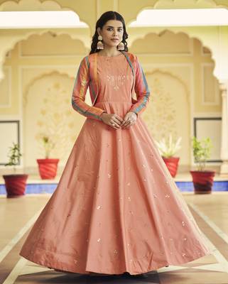 PEACH THREAD AND SEQUINCE EMBROIDERED WORK COTTON ANARKALI LONG GOWN SEMI STITCHED 1