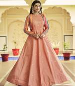 PEACH THREAD AND SEQUINCE EMBROIDERED WORK COTTON ANARKALI LONG GOWN SEMI STITCHED