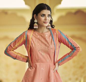 PEACH THREAD AND SEQUINCE EMBROIDERED WORK COTTON ANARKALI LONG GOWN SEMI STITCHED 3
