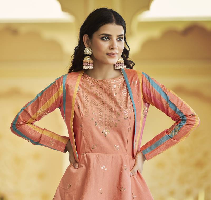 PEACH THREAD AND SEQUINCE EMBROIDERED WORK COTTON ANARKALI LONG GOWN SEMI STITCHED