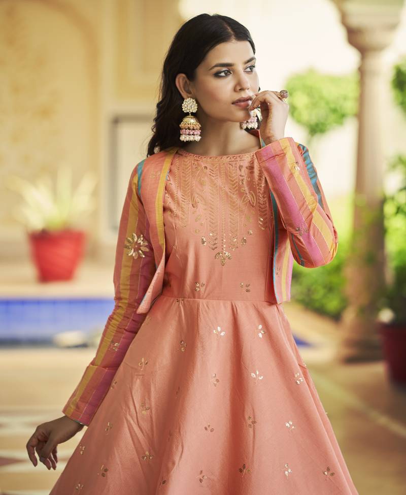 PEACH THREAD AND SEQUINCE EMBROIDERED WORK COTTON ANARKALI LONG GOWN SEMI STITCHED