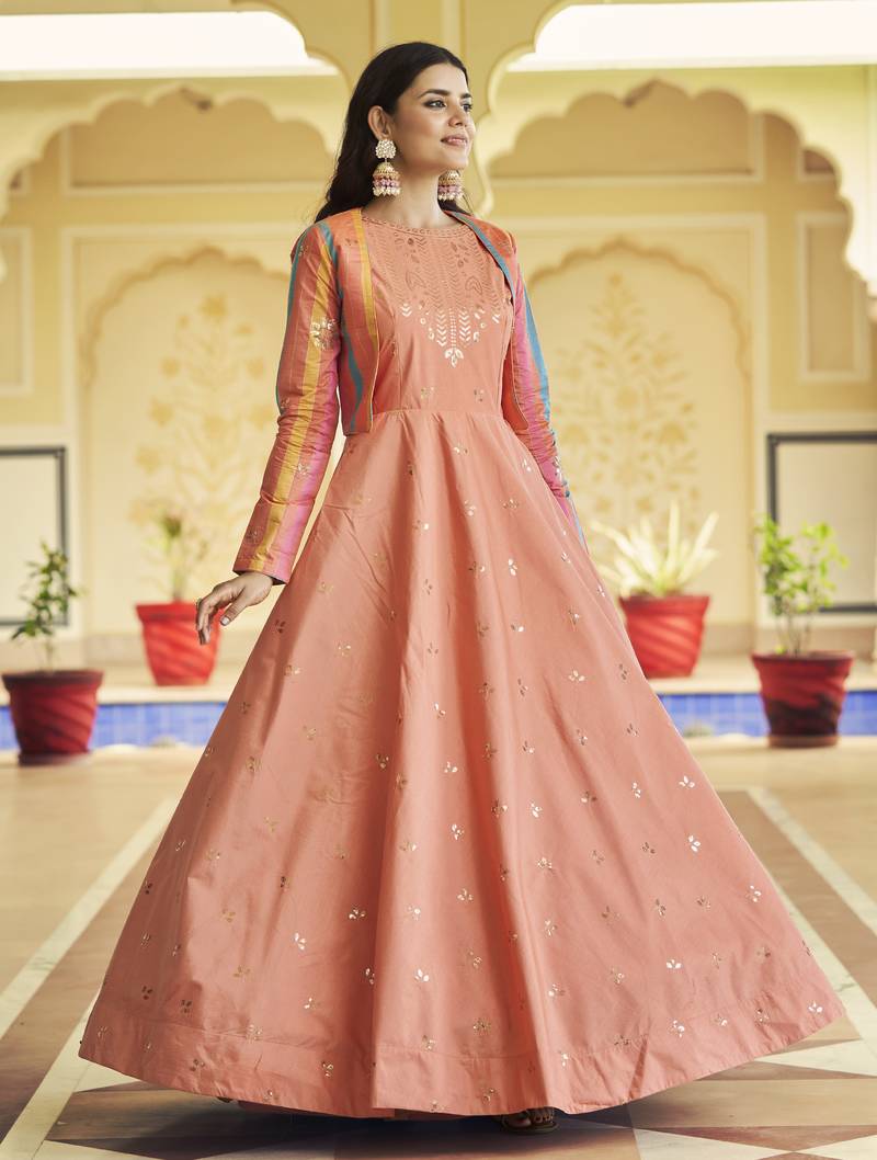 PEACH THREAD AND SEQUINCE EMBROIDERED WORK COTTON ANARKALI LONG GOWN SEMI STITCHED
