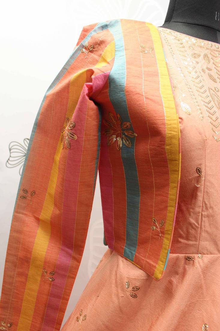 PEACH THREAD AND SEQUINCE EMBROIDERED WORK COTTON ANARKALI LONG GOWN SEMI STITCHED