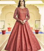 DUSTY ORANGE THREAD AND SEQUINCE EMBROIDERED WORK COTTON ANARKALI LONG GOWN SEMI STITCHED