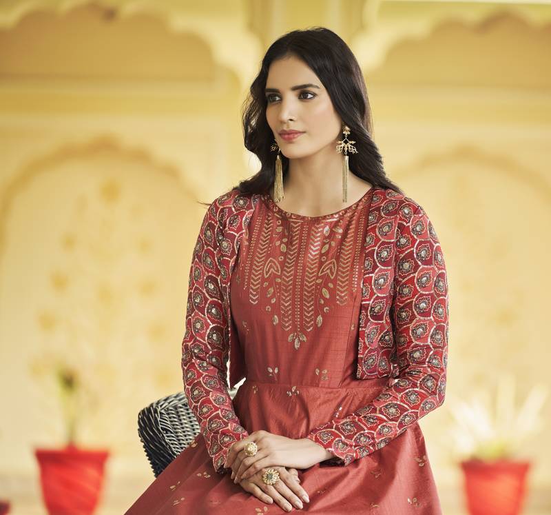 DUSTY ORANGE THREAD AND SEQUINCE EMBROIDERED WORK COTTON ANARKALI LONG GOWN SEMI STITCHED