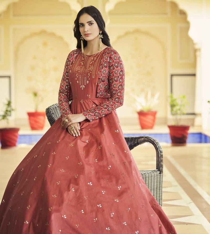 DUSTY ORANGE THREAD AND SEQUINCE EMBROIDERED WORK COTTON ANARKALI LONG GOWN SEMI STITCHED