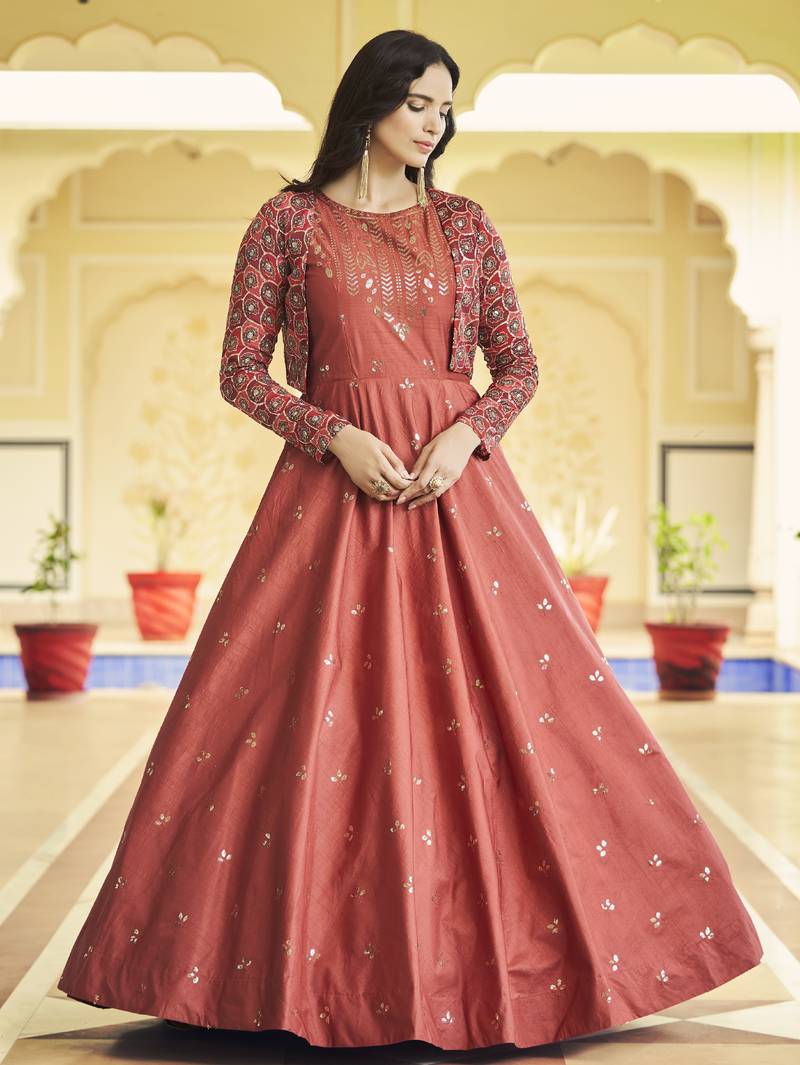DUSTY ORANGE THREAD AND SEQUINCE EMBROIDERED WORK COTTON ANARKALI LONG GOWN SEMI STITCHED