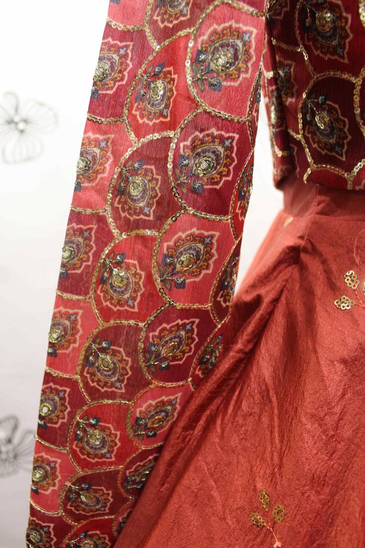 DUSTY ORANGE THREAD AND SEQUINCE EMBROIDERED WORK COTTON ANARKALI LONG GOWN SEMI STITCHED