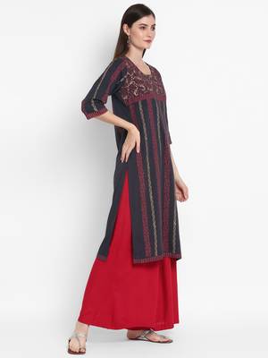 Wonen Dark Grey Cotton Block Print Straight Kurta 2