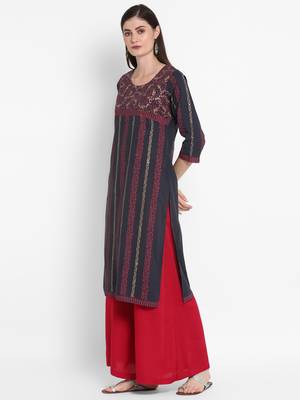 Wonen Dark Grey Cotton Block Print Straight Kurta 3