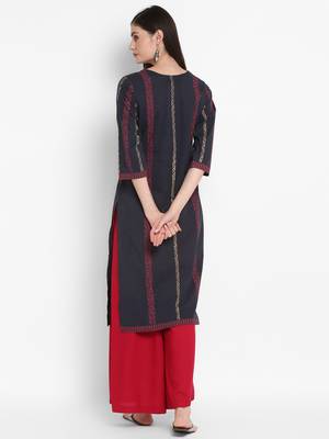 Wonen Dark Grey Cotton Block Print Straight Kurta 4