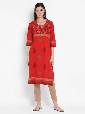 Wonen Red Cotton Block Print Straight Kurta 1