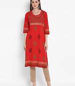 Wonen Red Cotton Block Print Straight Kurta