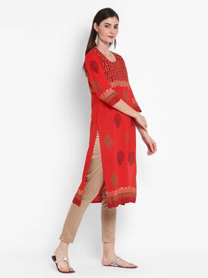 Wonen Red Cotton Block Print Straight Kurta 2