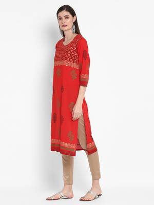 Wonen Red Cotton Block Print Straight Kurta 3