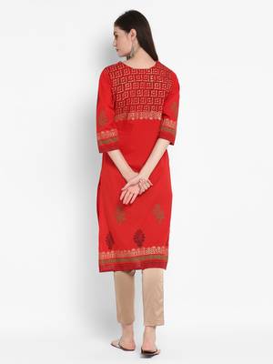 Wonen Red Cotton Block Print Straight Kurta 4
