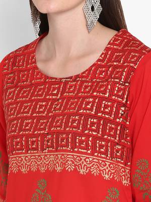 Wonen Red Cotton Block Print Straight Kurta 5