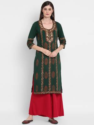 Wonen Green Cotton Block Print Straight Kurta 1