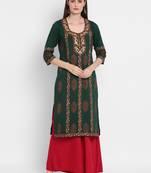 Wonen Green Cotton Block Print Straight Kurta