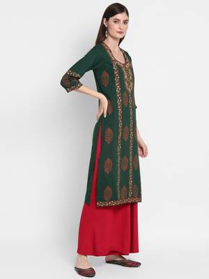 Wonen Green Cotton Block Print Straight Kurta 2