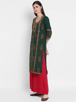 Wonen Green Cotton Block Print Straight Kurta 3