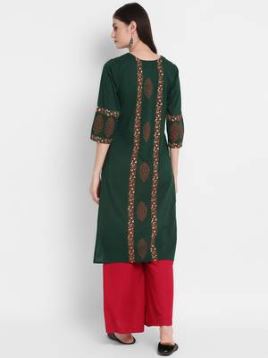 Wonen Green Cotton Block Print Straight Kurta 4