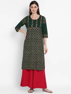 Wonen Green Cotton Block Print Straight Kurta 1