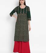 Wonen Green Cotton Block Print Straight Kurta