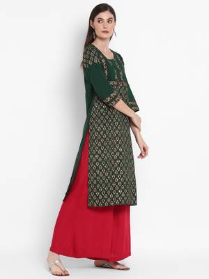 Wonen Green Cotton Block Print Straight Kurta 2