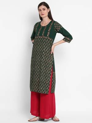 Wonen Green Cotton Block Print Straight Kurta 3