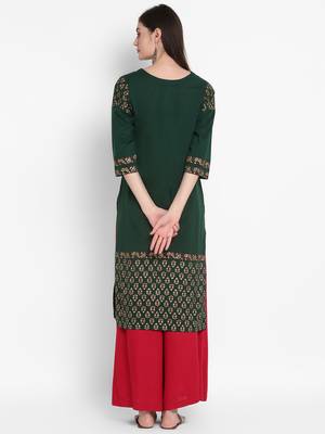 Wonen Green Cotton Block Print Straight Kurta 4