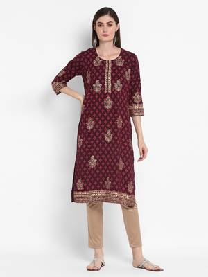 Wonen Wine Cotton Block Print Straight Kurta 1